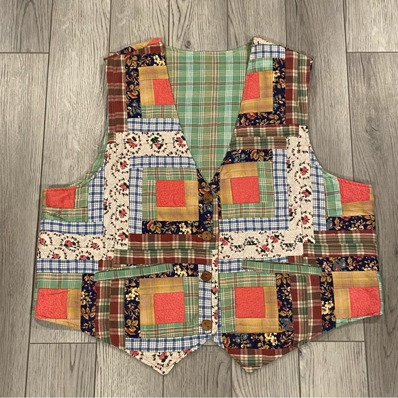 Vintage Patch Magic Quilted Reversible Vest Size XL Patchwork/Plaid Green/Button - Picture 2 of 15